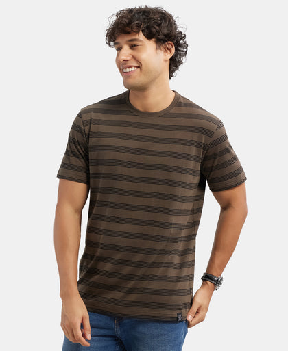 Super Combed Cotton Rich Striped Round Neck Half Sleeve T-Shirt - Black - Black Olive