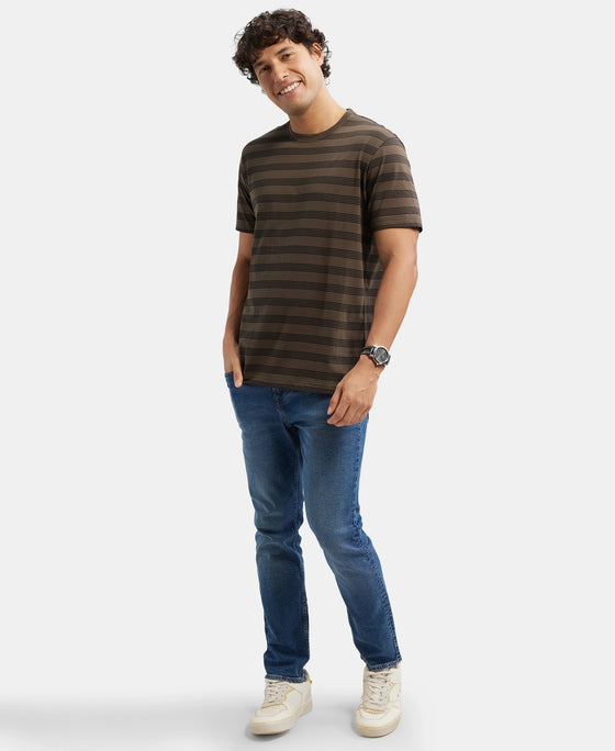 Super Combed Cotton Rich Striped Round Neck Half Sleeve T-Shirt - Black - Black Olive