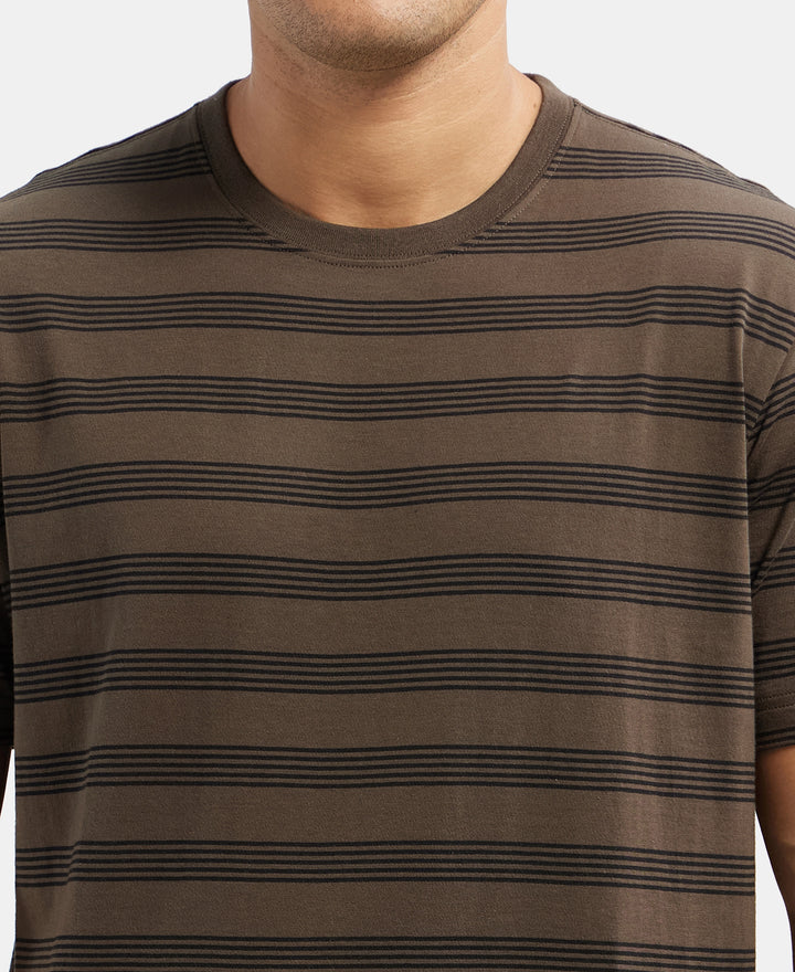 Super Combed Cotton Rich Striped Round Neck Half Sleeve T-Shirt - Black - Black Olive