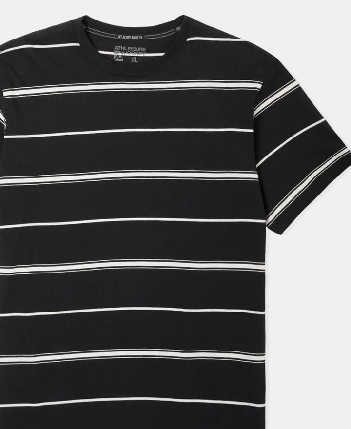 Super Combed Cotton Rich Striped Round Neck Half Sleeve T-Shirt - Black & Ecru
