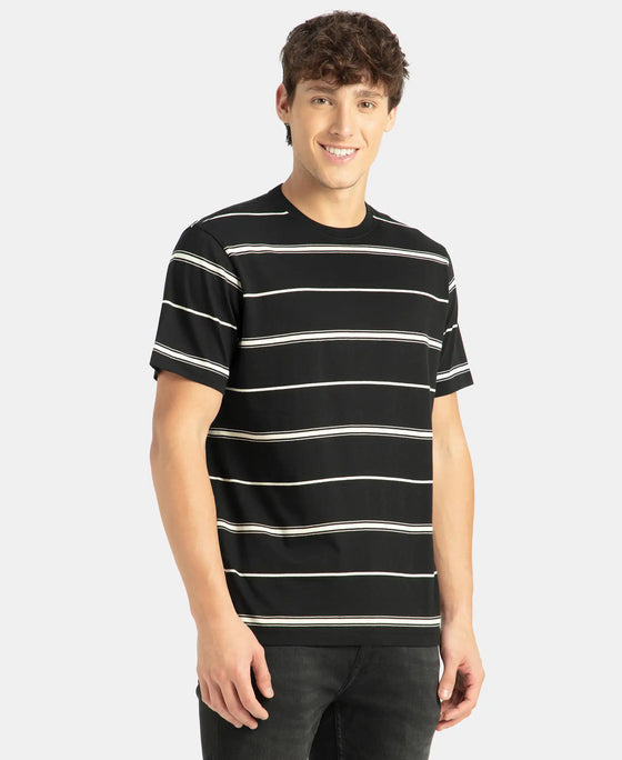 Super Combed Cotton Rich Striped Round Neck Half Sleeve T-Shirt - Black & Ecru