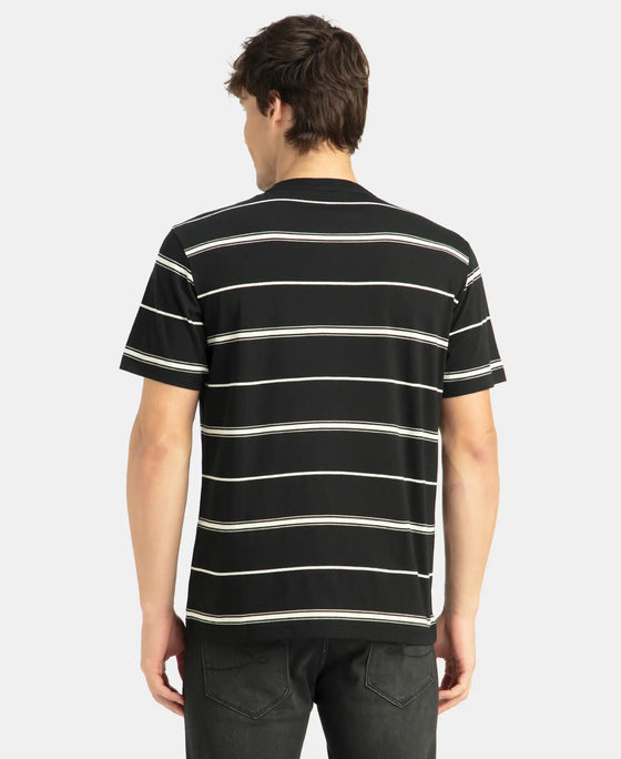 Super Combed Cotton Rich Striped Round Neck Half Sleeve T-Shirt - Black & Ecru