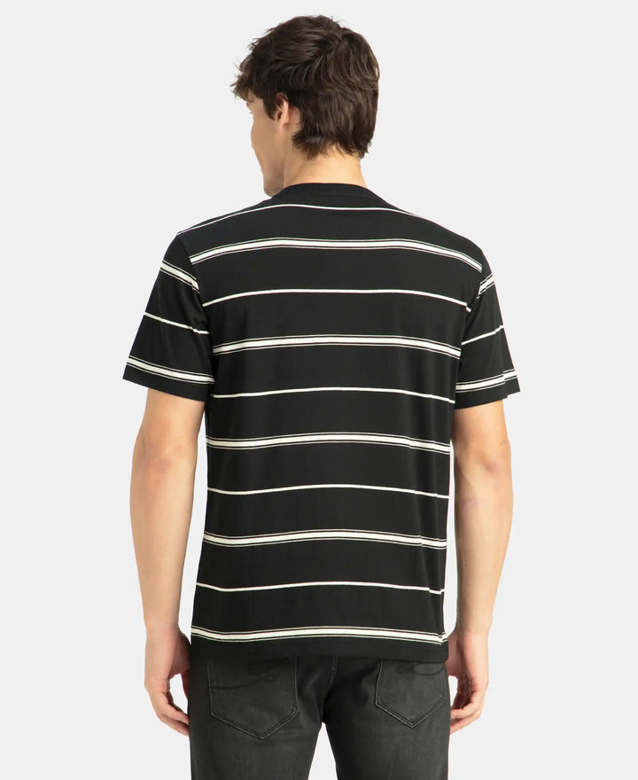 Super Combed Cotton Rich Striped Round Neck Half Sleeve T-Shirt - Black & Ecru