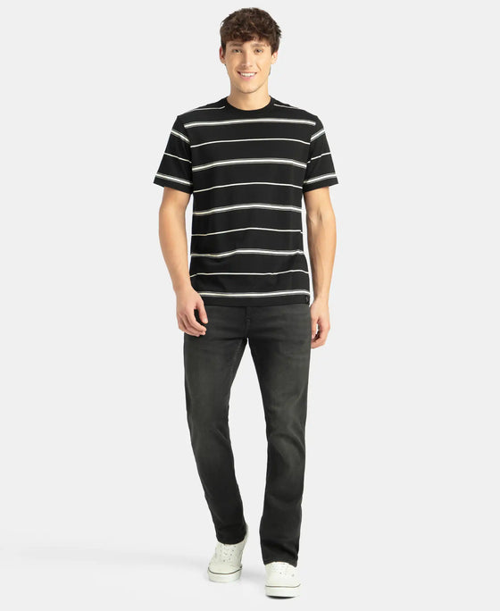 Super Combed Cotton Rich Striped Round Neck Half Sleeve T-Shirt - Black & Ecru