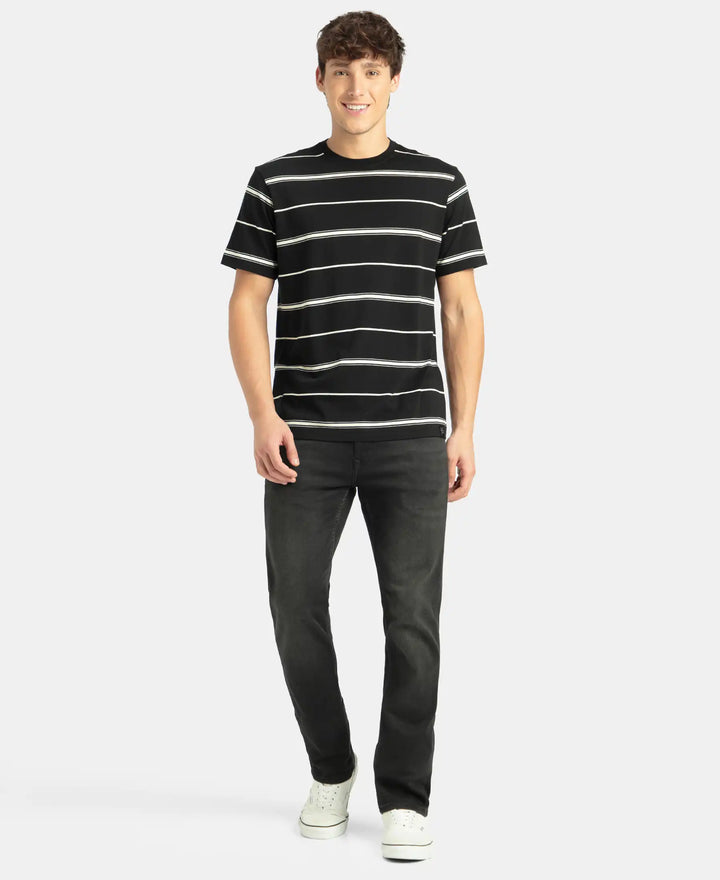Super Combed Cotton Rich Striped Round Neck Half Sleeve T-Shirt - Black & Ecru