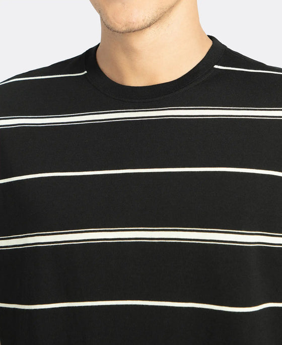 Super Combed Cotton Rich Striped Round Neck Half Sleeve T-Shirt - Black & Ecru