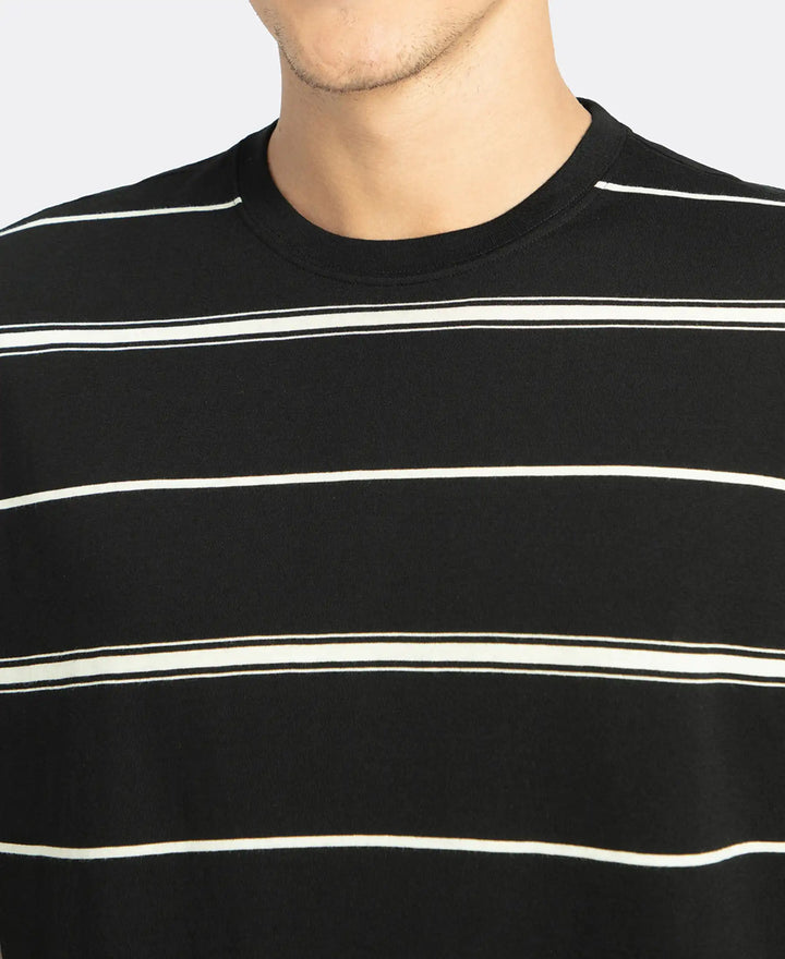 Super Combed Cotton Rich Striped Round Neck Half Sleeve T-Shirt - Black & Ecru
