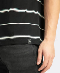 Super Combed Cotton Rich Striped Round Neck Half Sleeve T-Shirt - Black & Ecru