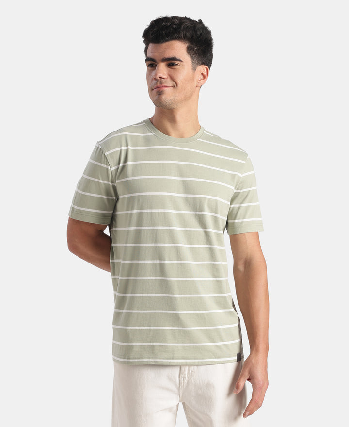 Super Combed Cotton Rich Striped Round Neck Half Sleeve Tshirt - Desert Sage & White