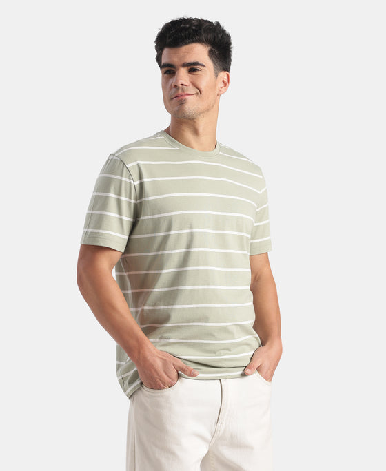 Super Combed Cotton Rich Striped Round Neck Half Sleeve Tshirt - Desert Sage & White