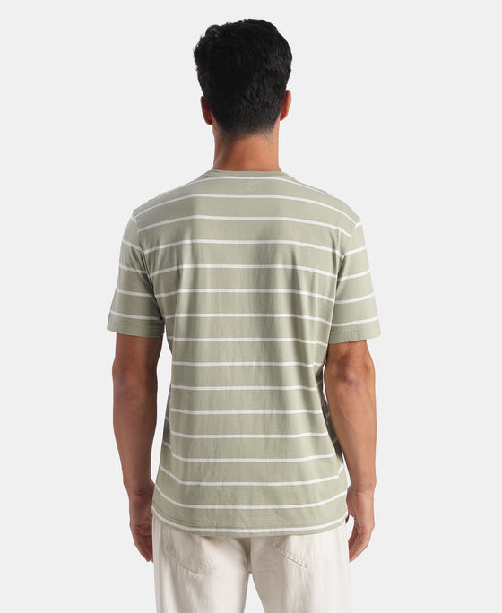 Super Combed Cotton Rich Striped Round Neck Half Sleeve Tshirt - Desert Sage & White