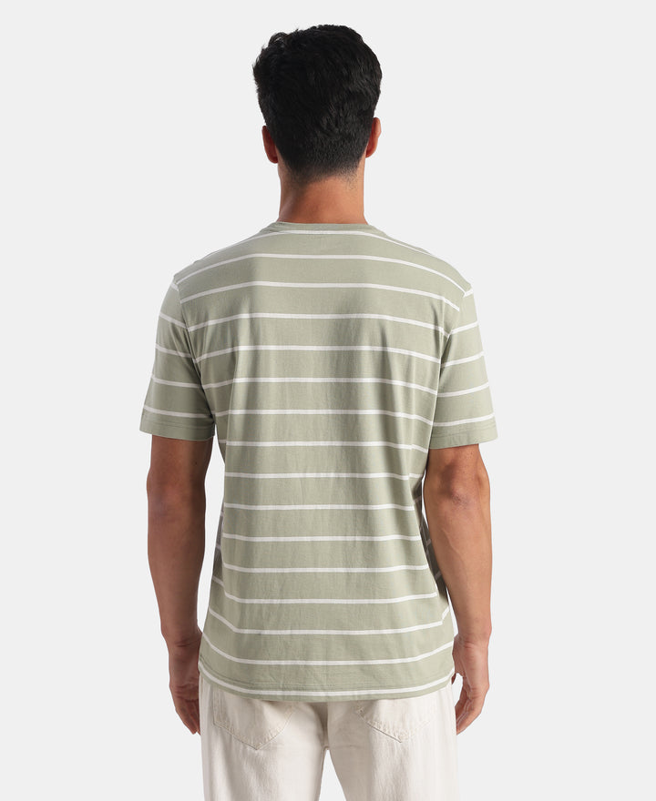 Super Combed Cotton Rich Striped Round Neck Half Sleeve Tshirt - Desert Sage & White