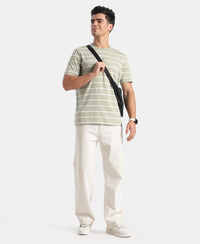 Super Combed Cotton Rich Striped Round Neck Half Sleeve Tshirt - Desert Sage & White