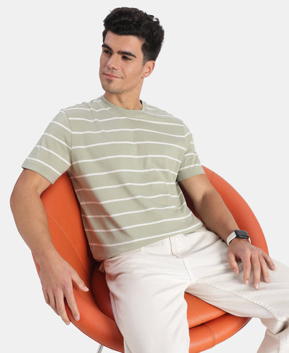 Super Combed Cotton Rich Striped Round Neck Half Sleeve Tshirt - Desert Sage & White