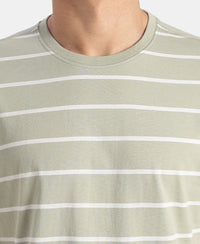 Super Combed Cotton Rich Striped Round Neck Half Sleeve Tshirt - Desert Sage & White