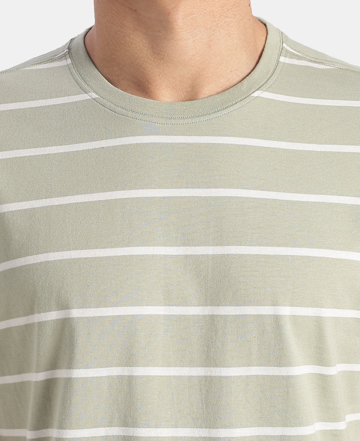 Super Combed Cotton Rich Striped Round Neck Half Sleeve Tshirt - Desert Sage & White