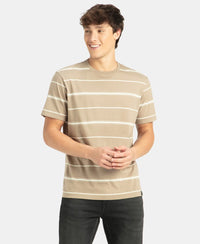 Super Combed Cotton Rich Striped Round Neck Half Sleeve T-Shirt - Desert Taupe & Ecru
