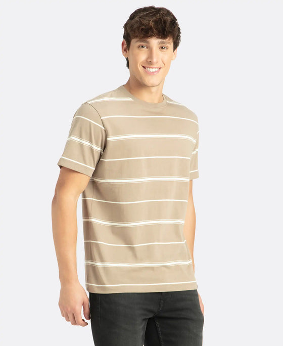 Super Combed Cotton Rich Striped Round Neck Half Sleeve T-Shirt - Desert Taupe & Ecru