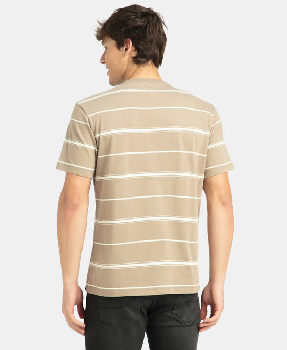 Super Combed Cotton Rich Striped Round Neck Half Sleeve T-Shirt - Desert Taupe & Ecru