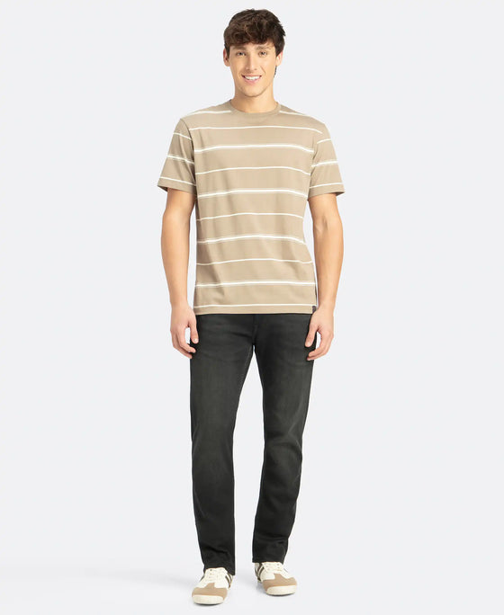 Super Combed Cotton Rich Striped Round Neck Half Sleeve T-Shirt - Desert Taupe & Ecru