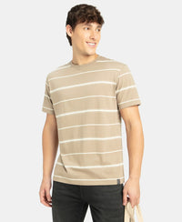 Super Combed Cotton Rich Striped Round Neck Half Sleeve T-Shirt - Desert Taupe & Ecru