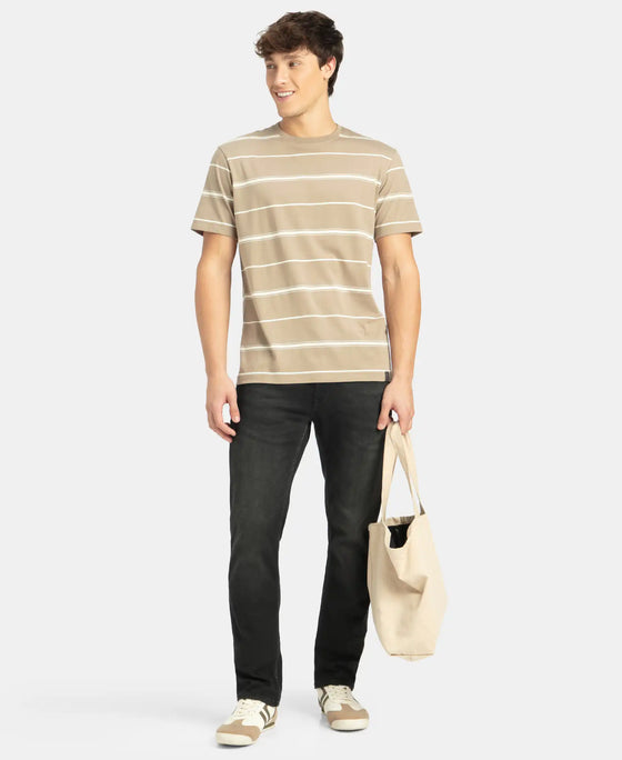 Super Combed Cotton Rich Striped Round Neck Half Sleeve T-Shirt - Desert Taupe & Ecru