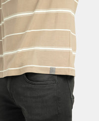Super Combed Cotton Rich Striped Round Neck Half Sleeve T-Shirt - Desert Taupe & Ecru