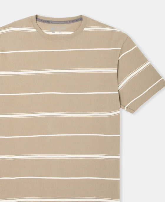 Super Combed Cotton Rich Striped Round Neck Half Sleeve T-Shirt - Desert Taupe & Ecru