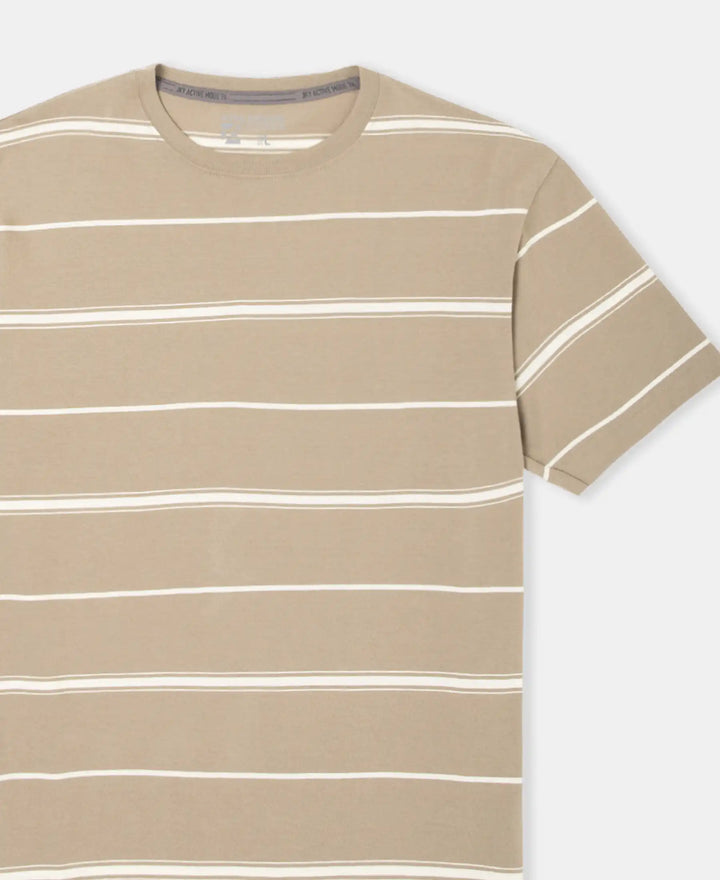 Super Combed Cotton Rich Striped Round Neck Half Sleeve T-Shirt - Desert Taupe & Ecru