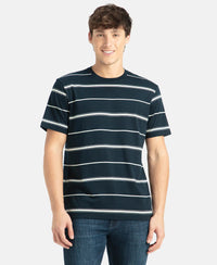 Super Combed Cotton Rich Striped Round Neck Half Sleeve T-Shirt - Navy & Ecru