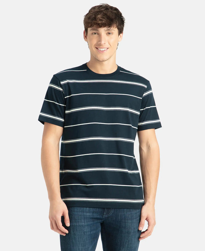 Super Combed Cotton Rich Striped Round Neck Half Sleeve T-Shirt - Navy & Ecru