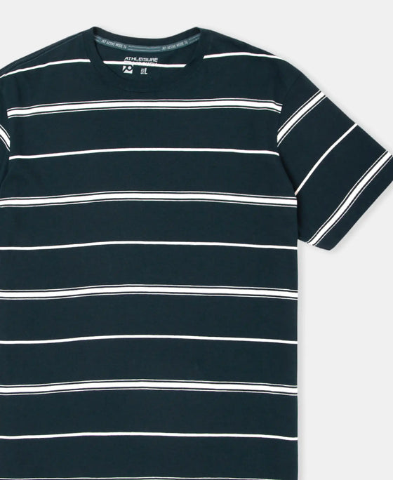 Super Combed Cotton Rich Striped Round Neck Half Sleeve T-Shirt - Navy & Ecru