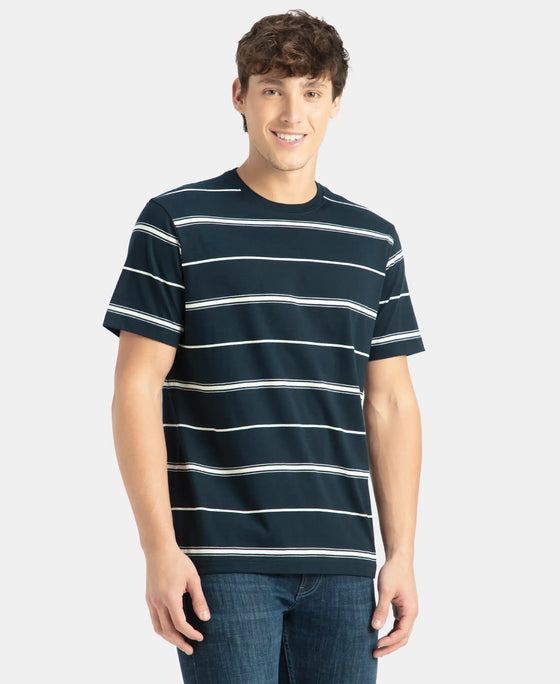 Super Combed Cotton Rich Striped Round Neck Half Sleeve T-Shirt - Navy & Ecru