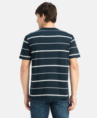 Super Combed Cotton Rich Striped Round Neck Half Sleeve T-Shirt - Navy & Ecru