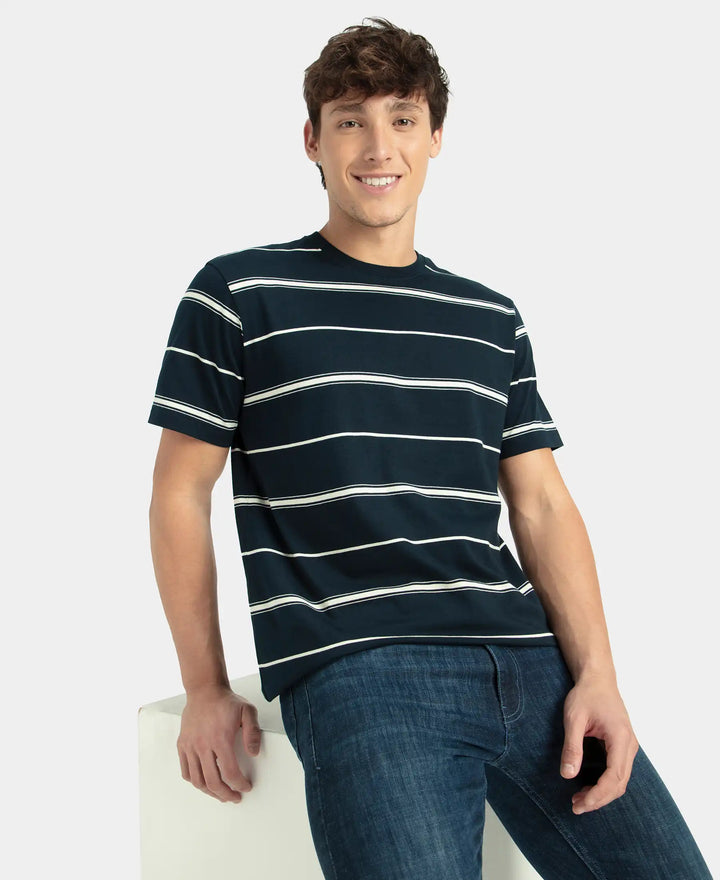 Super Combed Cotton Rich Striped Round Neck Half Sleeve T-Shirt - Navy & Ecru