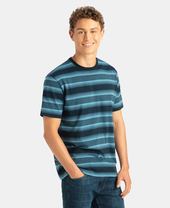 Super Combed Cotton Rich Striped Round Neck Half Sleeve T-Shirt - Navy, Insignia Blue & Stellar