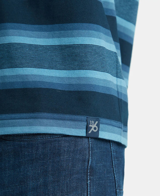 Super Combed Cotton Rich Striped Round Neck Half Sleeve T-Shirt - Navy, Insignia Blue & Stellar