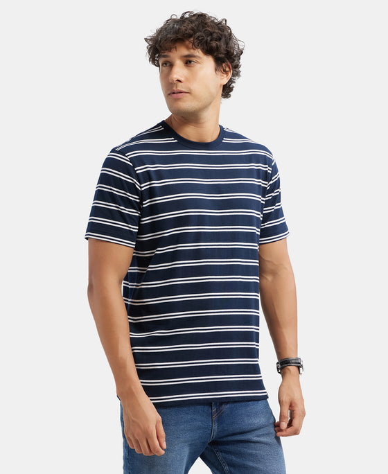 Super Combed Cotton Rich Striped Round Neck Half Sleeve T-Shirt - Navy & White