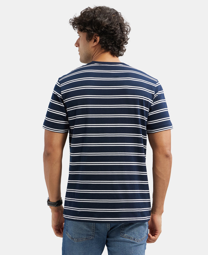 Super Combed Cotton Rich Striped Round Neck Half Sleeve T-Shirt - Navy & White