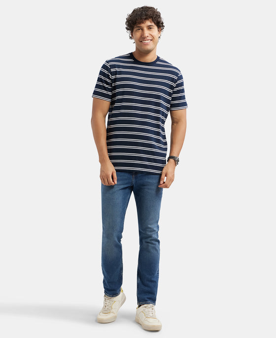 Super Combed Cotton Rich Striped Round Neck Half Sleeve T-Shirt - Navy & White