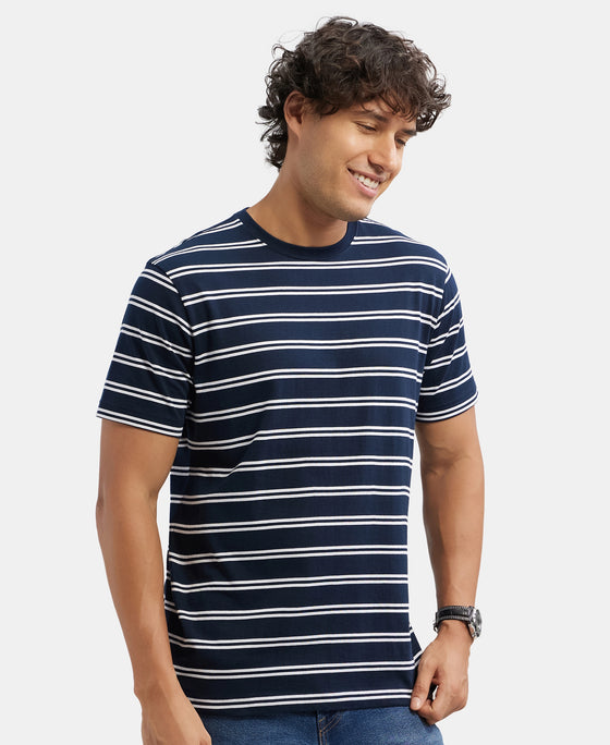 Super Combed Cotton Rich Striped Round Neck Half Sleeve T-Shirt - Navy & White