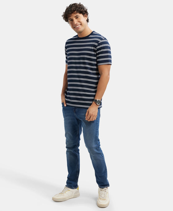 Super Combed Cotton Rich Striped Round Neck Half Sleeve T-Shirt - Navy & White