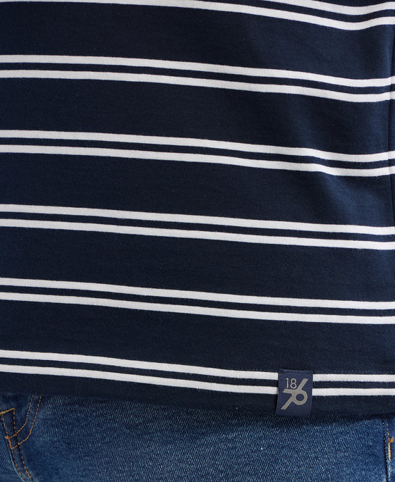 Super Combed Cotton Rich Striped Round Neck Half Sleeve T-Shirt - Navy & White