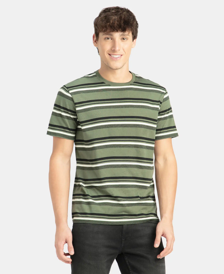 Super Combed Cotton Rich Striped Round Neck Half Sleeve T-Shirt - Thyme, Ecru & Black
