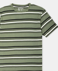 Super Combed Cotton Rich Striped Round Neck Half Sleeve T-Shirt - Thyme, Ecru & Black