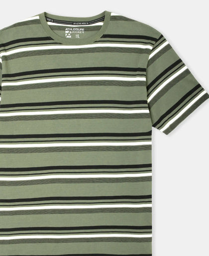 Super Combed Cotton Rich Striped Round Neck Half Sleeve T-Shirt - Thyme, Ecru & Black
