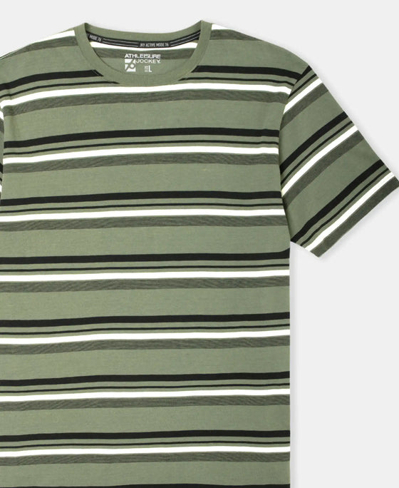 Super Combed Cotton Rich Striped Round Neck Half Sleeve T-Shirt - Thyme, Ecru & Black