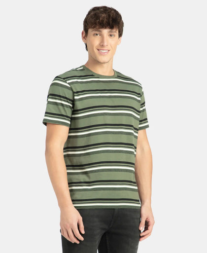 Super Combed Cotton Rich Striped Round Neck Half Sleeve T-Shirt - Thyme, Ecru & Black