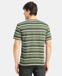 Super Combed Cotton Rich Striped Round Neck Half Sleeve T-Shirt - Thyme, Ecru & Black
