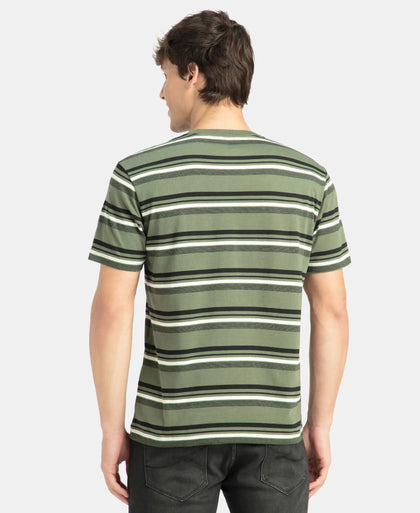 Super Combed Cotton Rich Striped Round Neck Half Sleeve T-Shirt - Thyme, Ecru & Black